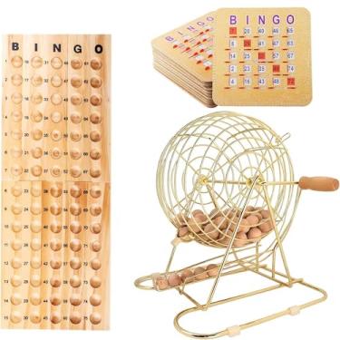 Imagem de GSE Games & Sports Expert Conjunto de jogo de bingo de luxo com grande gaiola de latão, 10 cartas de bingo deslizantes com obturador, tabuleiro mestre de madeira e bolas de chamada de 2,7 cm para