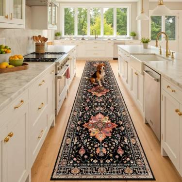 Imagem de RELEANY Tapetes de área de 6 x 25 cm, lavável, antiderrapante, estampa floral, vintage, tapete medalhão para sala de estar, quarto, sala de jantar, preto, colorido, floral, castanho-escuro
