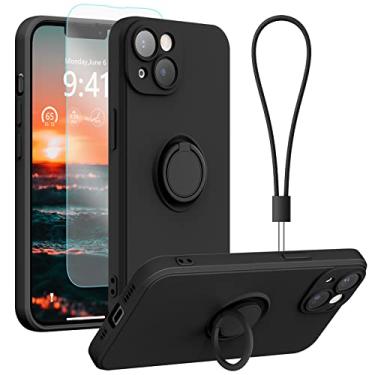 Imagem de pcgaga Compatível com capa de iPhone 14, silicone com proteção de câmera, película protetora, suporte de anel, alça de mão, forro de microfibra, capa de telefone à prova de choque, 6,1 polegadas