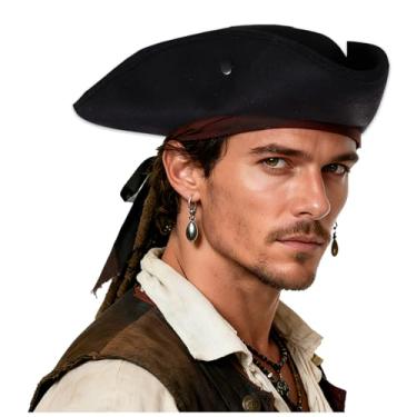 Imagem de Bskifnn Chapéu de pirata unissex, acessórios de fantasia de pirata, chapéu vintage triangular para festa de cosplay de Halloween (triângulo, preto)