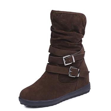 Imagem de Bigfanshu Botas femininas moda casual sapatos femininos bota camurça fivela de couro salto alto neve botas femininas, Marrom, 40 BR