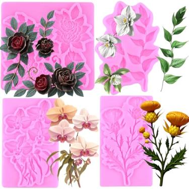 Imagem de MIYAHOUSE Molde de fondant de flores de silicone para decoração de bolos, topo de cupcake, pasta de goma de chocolate, argila de polímero, conjunto de 4