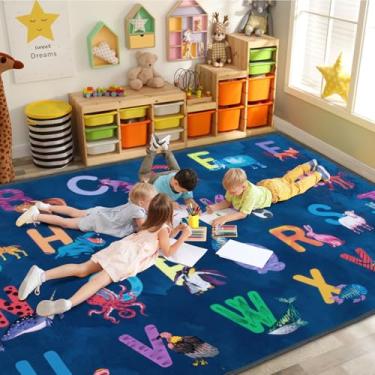 Imagem de Truqual Tapete de sala de aula, alfabeto colorido, para sala de jogos, lavável à máquina, para quarto de crianças