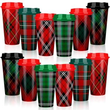 Imagem de Sliner 12 peças de copos xadrez de búfalo de Natal de 473 ml com tampas reutilizáveis de xampu, 6 designs de xícaras xadrez de búfalo vermelho e verde, copos de plástico xadrez, suprimentos de Natal