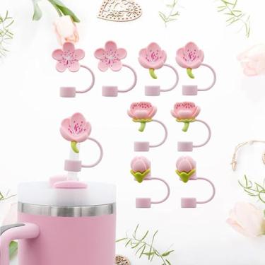 Imagem de Meitesti Capa de palha de flor de pêssego para Stanley Cup, bonito topo de palha, 10 mm, reutilizável, 8 unidades