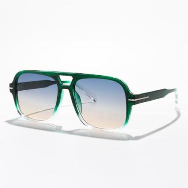 Imagem de Óculos de sol quadrados aviador de ponte dupla fashion para homens e mulheres óculos de sol retrô piloto para dirigir, viajar ao ar livre, estilo UV400, Armação gradiente verde/lente gradiente laranja