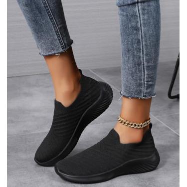 Imagem de Tênis de caminhada feminino, sem cadarço, confortável, antiderrapante, para corrida, tênis de treino, leve, atlético, academia, tênis, Preto, 40