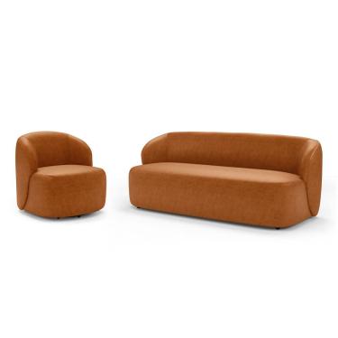 Imagem de Poltrona Giratória e Sofá Orgânico Living Leez 205cm 03 Lugares Couríssimo Caramelo - Desk Design