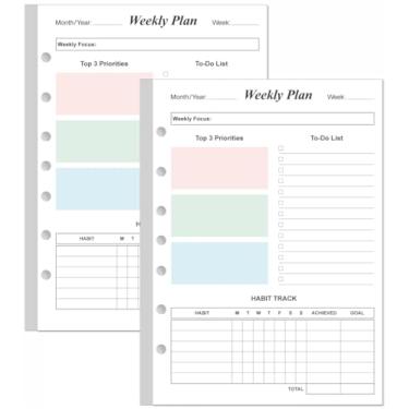 Imagem de (Pacote com 2) Recargas de agenda semanal para mini fichários de 3 ou 7 anéis - 106 folhas/212 páginas, agenda semanal colorida sem data, papel branco de 100 g/m², dura 2 anos, sem data, 14,7 x 21 cm
