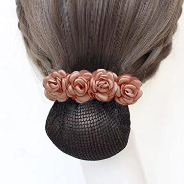 Imagem de Touca estilo coreano atrás da cabeça malha flor crochê rede comissária de bordo acessórios de cabelo (rede fina rosa)