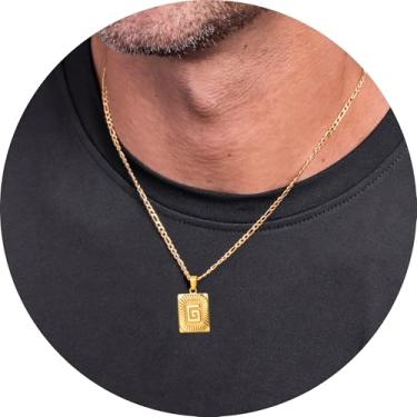 Imagem de Colar masculino com inicial, pingente de letra retangular de A a Z, corrente de aço inoxidável banhada a ouro, joia de monograma personalizada, 20in, Aço inoxidável, Sem Pedra Preciosa