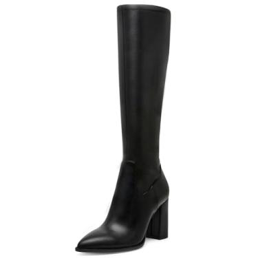Imagem de ZJGZF Botas femininas de cano alto de couro para mulheres, salto grosso, bico fino, zíper lateral, bota Gogo, Preto, 35