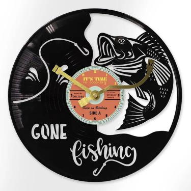Imagem de Relógio de parede Gone Fishing, disco de vinil, moldura de metal de 30 cm