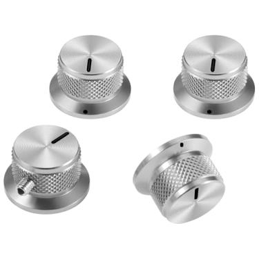 Imagem de SALYMECONY 4 maçanetas de potenciômetro de alumínio universais, botões de controle de sino com parafuso de ajuste para guitarra/baixo/AMPS/pré-amplificadores, preto com indicador (prata)