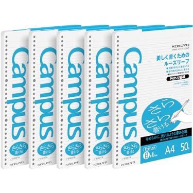 Imagem de Kokuyo Papel de folha solta campus para fichários, escrita suave Sarasara, A4, B 6 mm pontilhada pautada, 30 furos, 41 linhas, 50 folhas, pH neutro, resistente a sangramento, 75 gsm, pacote com 5, importação japonesa (NO-816BT)