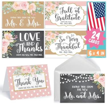 Imagem de 24 cartões de agradecimento de casamento floral rosa com envelopes, elegante chá de panela nota de agradecimento do novo Mr. & Mrs. Newlywed Gold Chalk Gratitude Supplies, 4x6 personalizado Bulk So Grateful Stationery