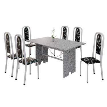 Imagem de Conjunto De Mesa Tubular 6 Cadeiras 140x75cm Mart Perola Com Tampo Em Granito Ocre Letícia 070 - Tudo De Móveis Botanic Bege