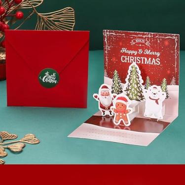 Imagem de Lindo cartão de felicitações 3D Pop Up Feliz Natal com envelope vermelho, decorações de Natal, presentes para mulheres, homens, amigos, família, árvore de Natal, Papai Noel, cartão de gengibre