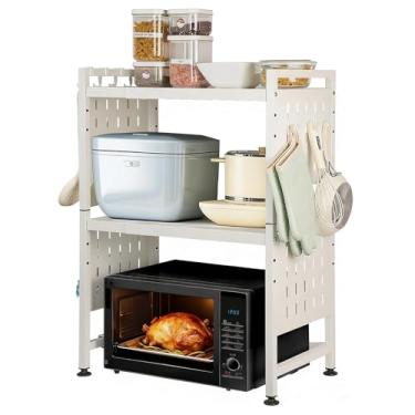 Imagem de loyalKBS Bancada expansível para micro-ondas, prateleira de micro-ondas resistente de 3 camadas com 4 ganchos, prateleira de metal ajustável para forno de micro-ondas para mesa de cozinha, comporta 72