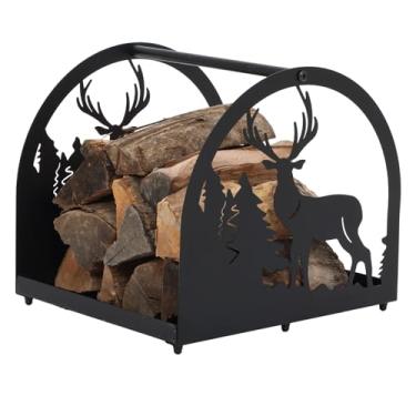 Imagem de Fiwochic Porta-lenha de Natal pequeno suporte de armazenamento de madeira de ferro com lareira de alce, suporte de madeira, acabamento decorativo, empilhador de metal para casa, preto