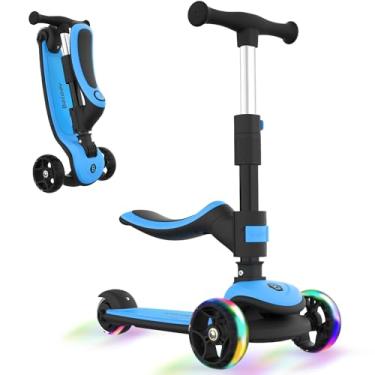 Imagem de BELEEV Scooter infantil 2 em 1 com assento e rodas iluminadas de LED, altura e assento ajustáveis, assento removível, deck amplo antiderrapante, scooter dobrável de 3 rodas para crianças, meninas e