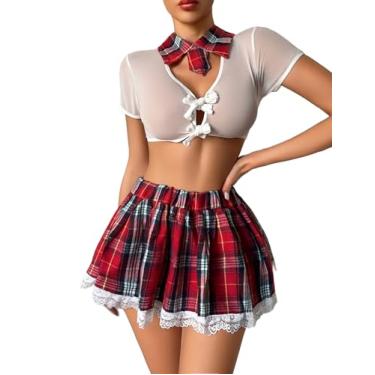 Imagem de Avidlove Lingerie para mulheres, fantasia de colegial sexy, conjunto de lingerie de renda, cosplay de estudante, top cropped e minissaia