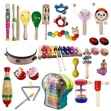Imagem de ATDAWN Instrumentos musicais infantis, 15 tipos, 22 peças, brinquedos xilofone de percussão de madeira para meninos e meninas, educação pré-escolar com mochila de armazenamento