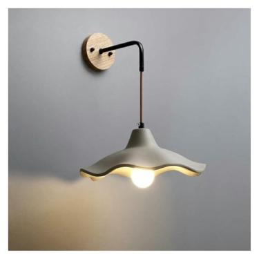 Imagem de Candeeiro de parede moderno de cimento para iluminação de arandela, cabo ajustável E26/E27 lâmpada de cabeceira com abajur de flor base de madeira, elegante