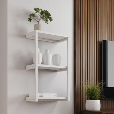 Imagem de Nicho De Parede Industrial Para Quarto 3 Prateleiras Milão - Branco - Preto