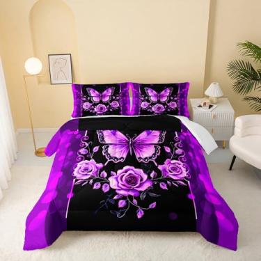 Imagem de QOOMO Jogo de cama casal com estampa de flores e borboleta, para decoração de quarto de meninos e meninas, roxo, microfibra leve, 1 edredom e 2 fronhas
