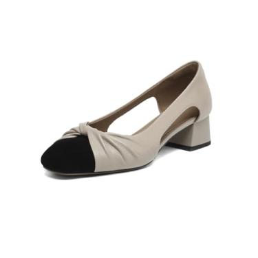 Imagem de TinaCus Sandália feminina de couro legítimo feito à mão com nó baixo e salto grosso, Cinza, 37