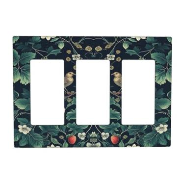 Imagem de Naiqadnehz Capas de interruptor de luz, morango, pássaros, flores, planta, morris, floral, 3 gangues, balancim elétrico, GFCI, placa decorativa de parede para quarto, decoração de casa de fazenda