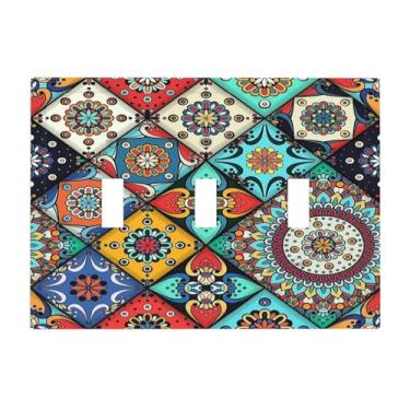 Imagem de Nadoabtm Placas decorativas para interruptores coloridos, flor talavera, mandala, floral, 3 grupos, placa de parede com interruptor de luz tripla e painéis elétricos de parede para cozinha, sala de