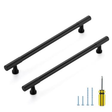 Imagem de Ravinte Decor Pacote com 12 puxadores pretos de armário de cozinha, alças pretas foscas com orifício central de 19 cm para gavetas de cômoda