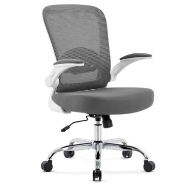 Imagem de Morkprism Cadeira de escritório, cadeira de mesa ergonômica com suporte lombar ajustável, cadeira executiva de malha com encosto alto com apoios de braços flip-up, cadeira executiva giratória de
