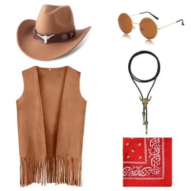 Imagem de Dwieey Roupas de cowboy para meninos e crianças, 5 peças, acessórios de fantasia ocidental, chapéu de caubói, colete com franja, colar para Halloween 4-5 T