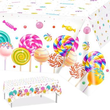 Imagem de PHOGARY Toalha de mesa Sweet Candyland, pacote com 3 capas de mesa de plástico com tema de doces, duas toalhas de mesa de aniversário coloridas de pirulito para meninas, decoração de festa de Natal