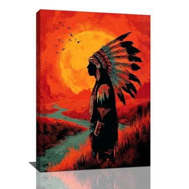 Imagem de Arte de parede nativa americana tribo indígena decoração de parede imagens em tela de penas pinturas de paisagem vintage impressões arte tradicional decorações emolduradas para banheiro quarto sala de