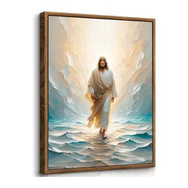 Imagem de Tela emoldurada Jesus andando sobre a água arte de parede histórias bíblicas cristãs decoração de parede imagem luz divina moderno impressão de pôster religioso para sala de estar quarto igreja