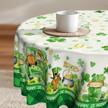Imagem de Imiss Toalha de mesa redonda de trevo de São Patrício 152 cm - Luck Clovers Gnomos Caminhão Lavável Reutilizável Moeda Dourada Decorativa Primavera Feriado Capa de Mesa para Cozinha ao Ar Livre Jantar