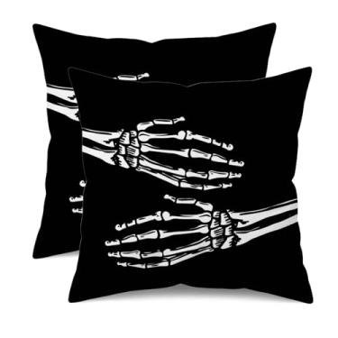 Imagem de UZFNY Conjunto de 2 capas de almofada decorativas de caveira de Halloween branco de linho preto esqueleto abraço você malvado assustador outubro 31 Halloween casa sofá decoração de sofá fronhas 45 x