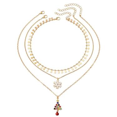 Imagem de NewZenro Colar feminino com pingente de árvore de Natal com pingente de floco de neve em camadas com franjas douradas delicadas para festas, feriados, joias modernas, ajustáveis, Medium, Metal, Sem