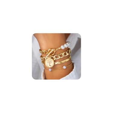 Imagem de Conjunto de pulseiras femininas com fivela de pérola em camadas, vintage, geométrico, corrente grossa, corrente grossa, acessórios para festas, banquetes, joias, presentes, Large, Liga de aço, Sem