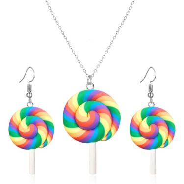 Imagem de QLYOVWE Lindo conjunto de colar de brincos de pirulito arco-íris para mulheres, brincos feitos à mão com gotas de argila doce e doces engraçados, simulação de cores, colar de comida fashion para