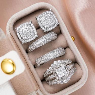 Imagem de Conjunto de brincos de argola e anéis brilhantes com zircônia cúbica de cristal para mulheres, 5, Latão, Zircônia cúbica