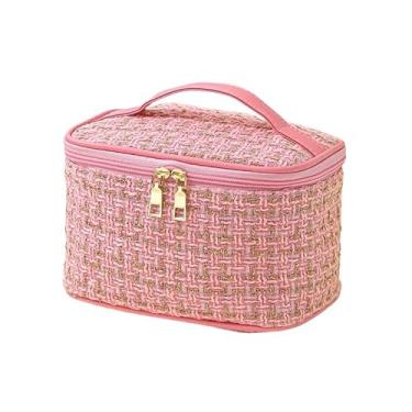 Imagem de Bolsa Necessaire Tweed Feminina para Maquiagem com Zíper Para Viagem, Mochila, Alça em Courinho (ROSA)
