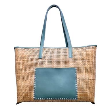 Imagem de CIMELIA Bolsa de vime tecida à mão com detalhes em couro, Verde sálvia, Large