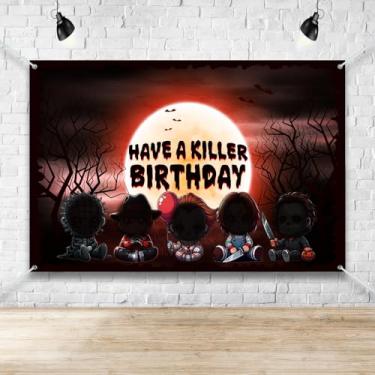 Imagem de Banner de festa de aniversário de filme de terror, cenário de festa de Halloween com tema assustador de 1,5 x 0,9 m, fundo fotográfico com adereços clássicos de terror, decorações para crianças e
