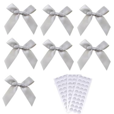 Imagem de 50 peças de laços torcidos com 70 adesivos de dupla face, laços de fita de cetim de 7 cm para embrulhar presentes, sacos de doces, artesanato, decorações de árvore de Natal (prata)