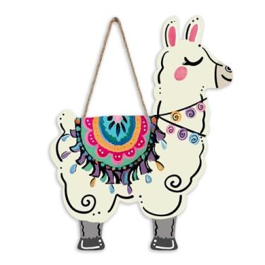 Imagem de Bolisom Placa engraçada de alpaca para porta da frente, lindo cabide de madeira de lhama ao ar livre, varanda, decoração de casa, guirlanda de madeira rústica de fazenda, decoração de parede interna